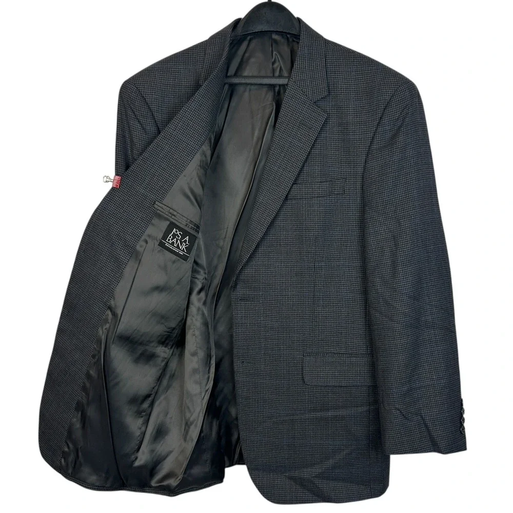 Jos A Bank 100% Wool 42R‎ Houndstooth Grey Blue Blazer Sport Coat Suit Jacket 2B